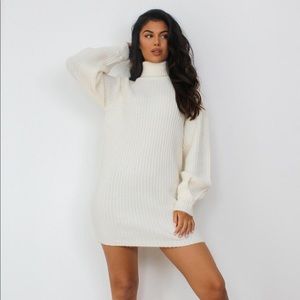 Cream roll neck tuck sleeve knit jumper dress